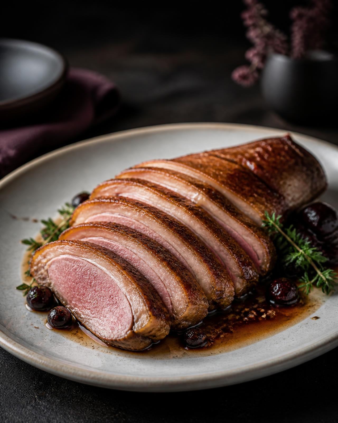 Roasted duck breast, sliced to show a rosy interior and crisp golden skin